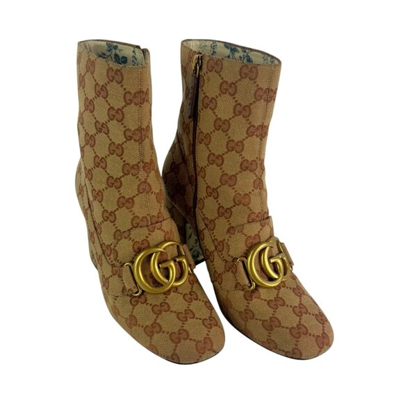 GUCCI Brown Canvas Logo Marmont Monogram Ankle Boots 37.5 - 7.5US - Picture 4 of 11